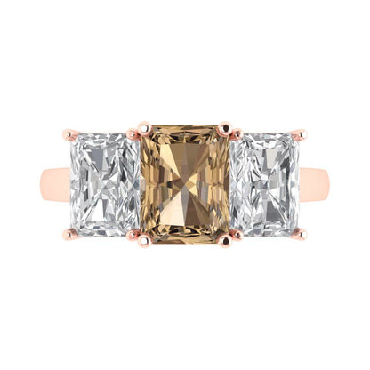 4 cttw Zirconia Simulated Champagne Diamond Three-Stone Engagement Ring - Solid Rose Gold (VVS1, Emerald Cut,8x6mm)