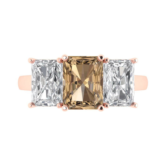 4 cttw Zirconia Simulated Champagne Diamond Three-Stone Engagement Ring - Solid Rose Gold (VVS1, Emerald Cut,8x6mm)