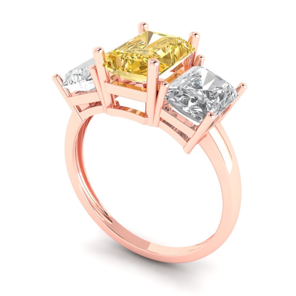 4 cttw Zirconia Simulated Yellow Diamond Three-Stone Engagement Ring - Solid Rose Gold (VVS1, Emerald Cut,8x6mm)