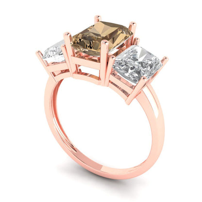 4 cttw Zirconia Simulated Champagne Diamond Three-Stone Engagement Ring - Solid Rose Gold (VVS1, Emerald Cut,8x6mm)
