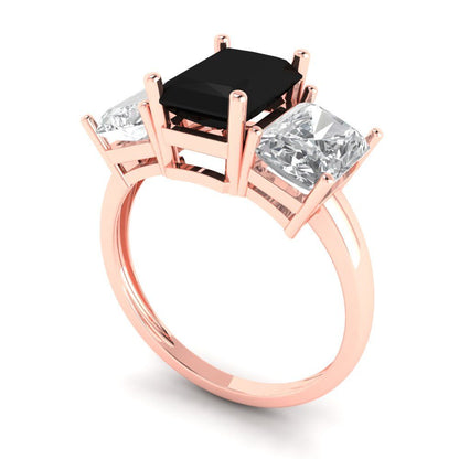 4 cttw Natural Onyx Three-Stone Engagement Ring - Solid Gold (Emerald Cut,8x6mm)