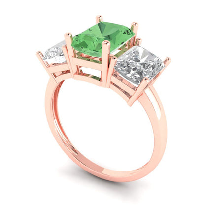 4 cttw Zirconia Simulated Green Diamond Three-Stone Engagement Ring - Solid Rose Gold (VVS1, Emerald Cut,8x6mm)