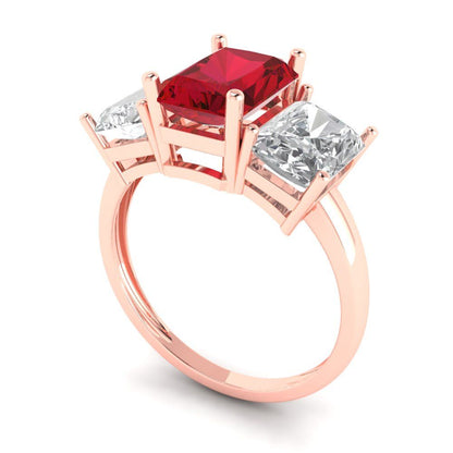 4 cttw Simulated Ruby Three-Stone Engagement Ring - Solid Rose Gold (VVS1, Emerald Cut,8x6mm)