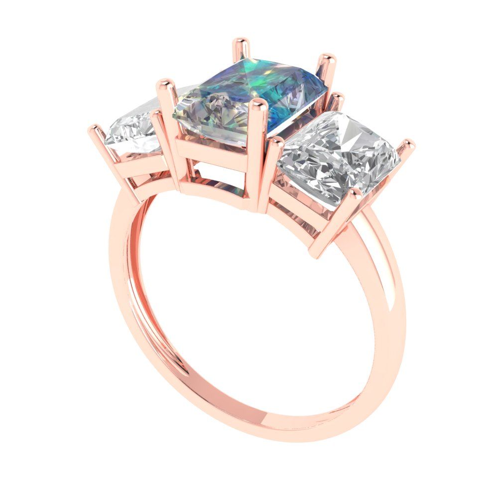 4 cttw Blue Moissanite Three-Stone Engagement Ring - Solid Gold (Emerald Cut,8x6mm)