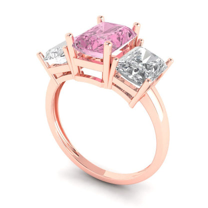 4 cttw Zirconia Simulated Pink Diamond Three-Stone Engagement Ring - Solid Rose Gold (VVS1, Emerald Cut,8x6mm)