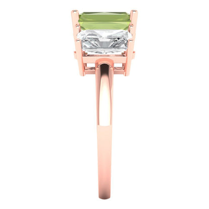 4 cttw Natural Peridot Three-Stone Engagement Ring - Solid Gold (Emerald Cut,8x6mm)