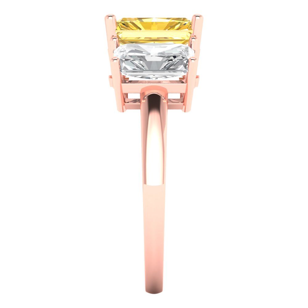 4 cttw Zirconia Simulated Yellow Diamond Three-Stone Engagement Ring - Solid Rose Gold (VVS1, Emerald Cut,8x6mm)