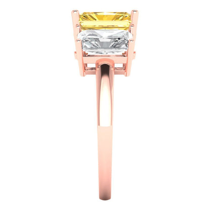 4 cttw Zirconia Simulated Yellow Diamond Three-Stone Engagement Ring - Solid Rose Gold (VVS1, Emerald Cut,8x6mm)