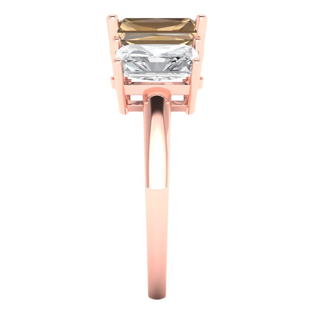 4 cttw Zirconia Simulated Champagne Diamond Three-Stone Engagement Ring - Solid Rose Gold (VVS1, Emerald Cut,8x6mm)