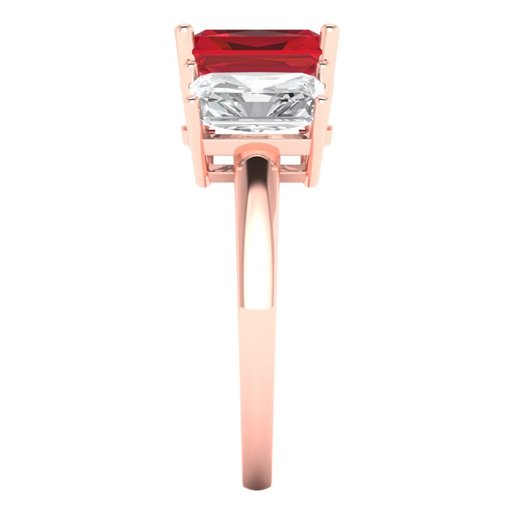 4 cttw Simulated Ruby Three-Stone Engagement Ring - Solid Rose Gold (VVS1, Emerald Cut,8x6mm)