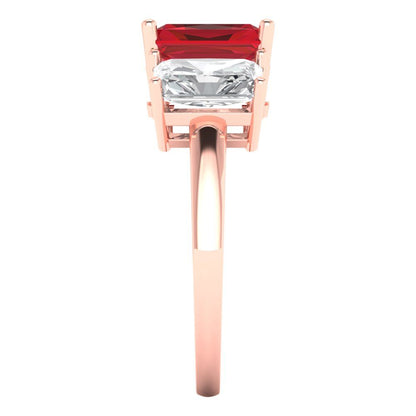 4 cttw Simulated Ruby Three-Stone Engagement Ring - Solid Rose Gold (VVS1, Emerald Cut,8x6mm)