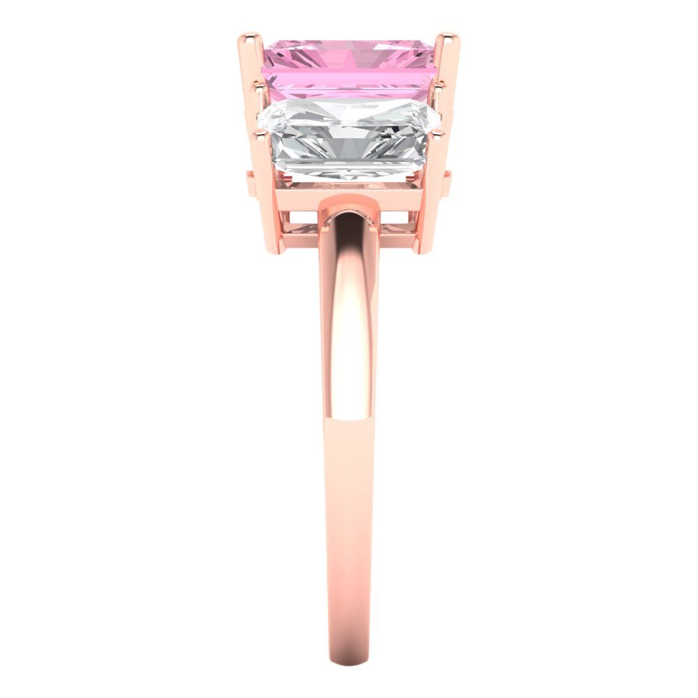 4 cttw Zirconia Simulated Pink Diamond Three-Stone Engagement Ring - Solid Rose Gold (VVS1, Emerald Cut,8x6mm)