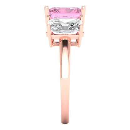 4 cttw Zirconia Simulated Pink Diamond Three-Stone Engagement Ring - Solid Rose Gold (VVS1, Emerald Cut,8x6mm)