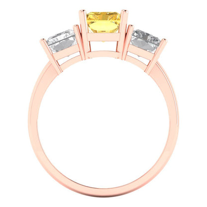 4 cttw Zirconia Simulated Yellow Diamond Three-Stone Engagement Ring - Solid Rose Gold (VVS1, Emerald Cut,8x6mm)