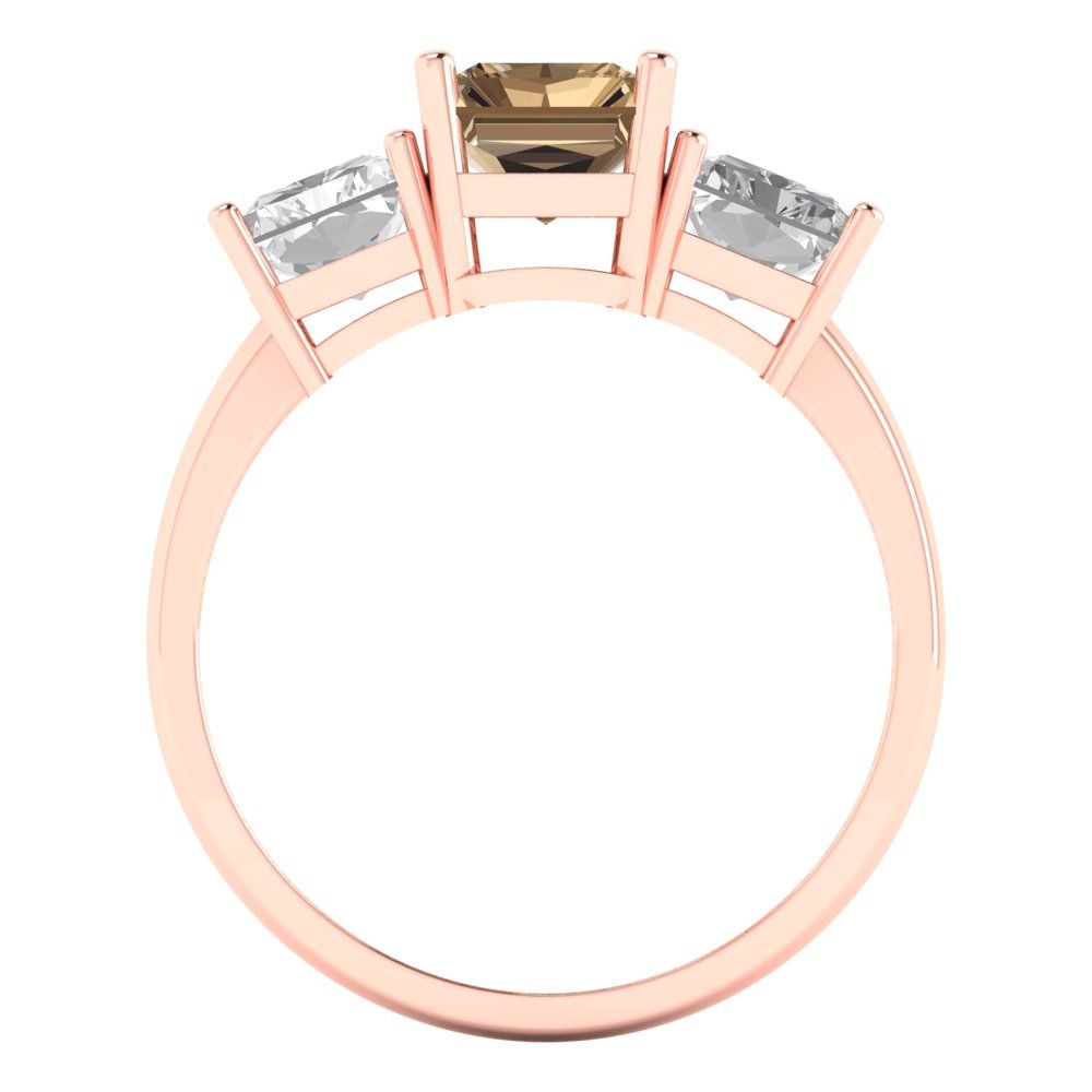 4 cttw Zirconia Simulated Champagne Diamond Three-Stone Engagement Ring - Solid Rose Gold (VVS1, Emerald Cut,8x6mm)