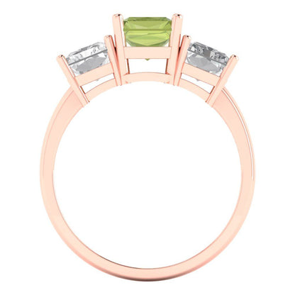 4 cttw Natural Peridot Three-Stone Engagement Ring - Solid Gold (Emerald Cut,8x6mm)