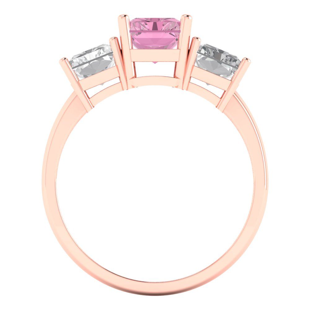 4 cttw Zirconia Simulated Pink Diamond Three-Stone Engagement Ring - Solid Rose Gold (VVS1, Emerald Cut,8x6mm)