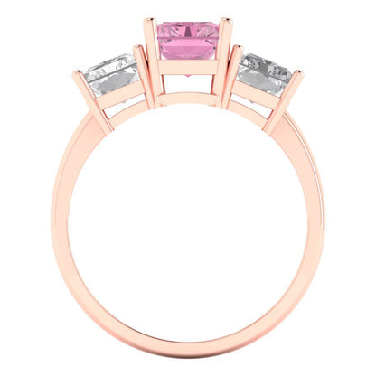 4 cttw Zirconia Simulated Pink Diamond Three-Stone Engagement Ring - Solid Rose Gold (VVS1, Emerald Cut,8x6mm)