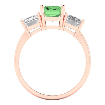 4 cttw Zirconia Simulated Green Diamond Three-Stone Engagement Ring - Solid Rose Gold (VVS1, Emerald Cut,8x6mm)