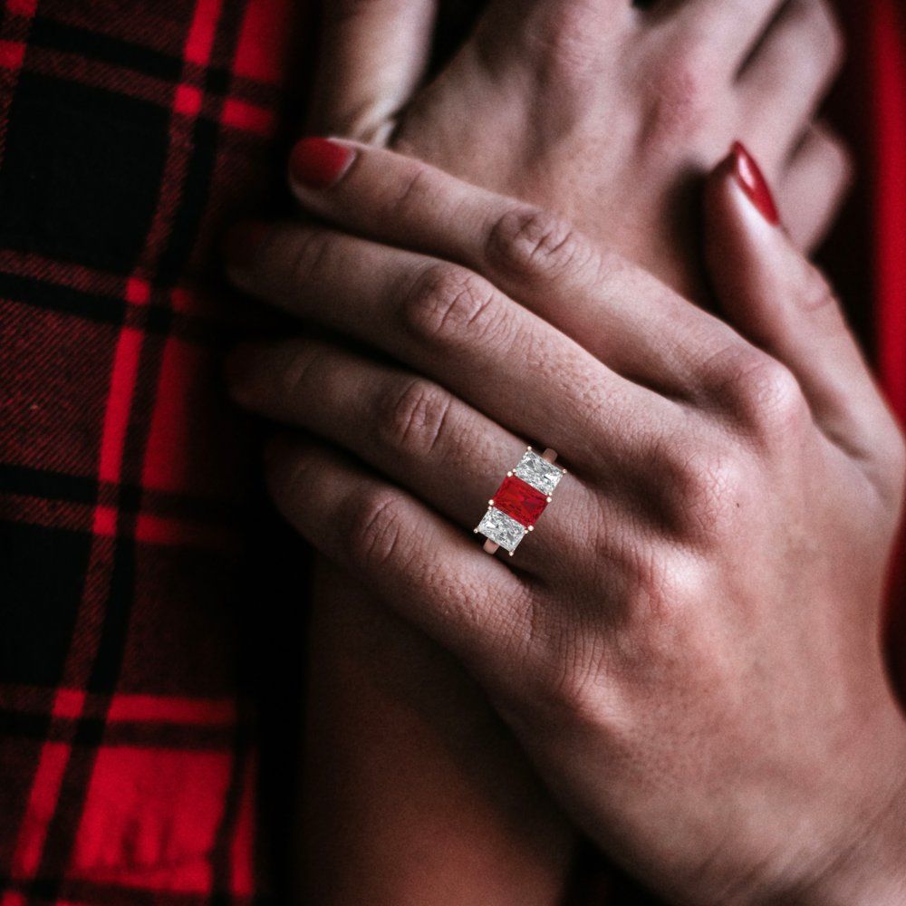 4 cttw Simulated Ruby Three-Stone Engagement Ring - Solid Rose Gold (VVS1, Emerald Cut,8x6mm)