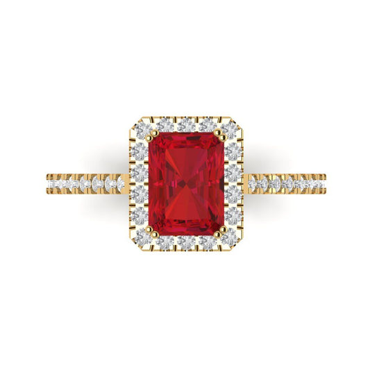 1.86 cttw Simulated Ruby Solitaire with Zirconia Simulated Diamond Accents Engagement Ring - Solid Yellow Gold (VVS1, Emerald Cut,7.5x5.5mm)