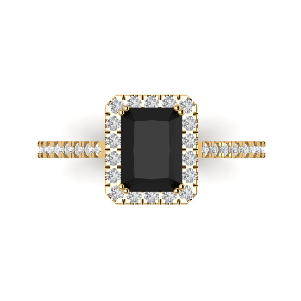 1.86 cttw Natural Onyx Solitaire with Zirconia Simulated Diamond Accents Engagement Ring - Solid Gold (Emerald Cut,7.5x5.5mm)