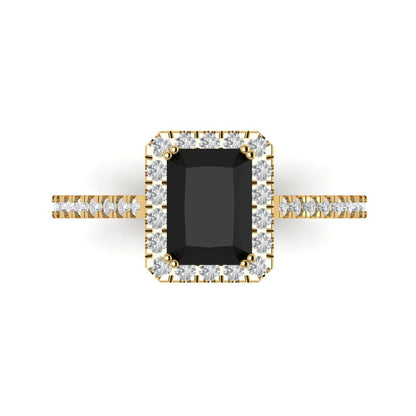 1.86 cttw Natural Onyx Solitaire with Zirconia Simulated Diamond Accents Engagement Ring - Solid Gold (Emerald Cut,7.5x5.5mm)