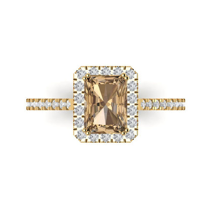 1.86 cttw Zirconia Simulated Champagne Diamond Solitaire with Zirconia Simulated Diamond Accents Engagement Ring - Solid Gold (VVS1, Emerald Cut,7.5x5.5mm)