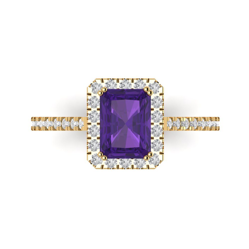 1.86 cttw Natural Amethyst Solitaire with Zirconia Simulated Diamond Accents Engagement Ring - Solid Gold (Emerald Cut,7.5x5.5mm)