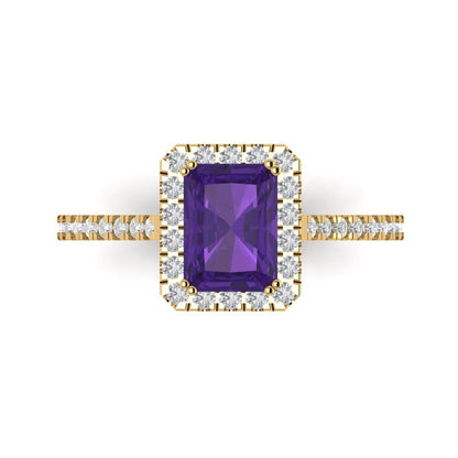 1.86 cttw Natural Amethyst Solitaire with Zirconia Simulated Diamond Accents Engagement Ring - Solid Gold (Emerald Cut,7.5x5.5mm)