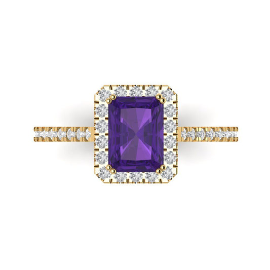 1.86 cttw Natural Amethyst Solitaire with Zirconia Simulated Diamond Accents Engagement Ring - Solid Yellow Gold (VVS1, Emerald Cut,7.5x5.5mm)