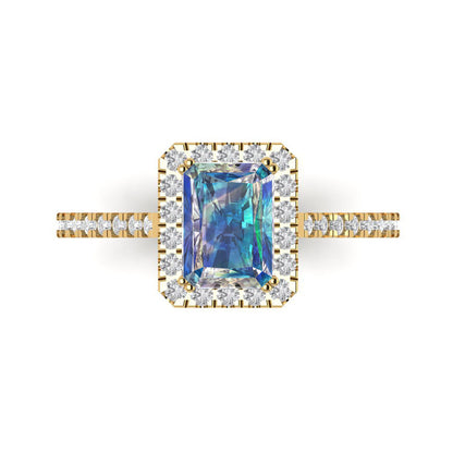 1.86 cttw Blue Moissanite Solitaire with Zirconia Simulated Diamond Accents Engagement Ring - Solid Gold (Emerald Cut,7.5x5.5mm)