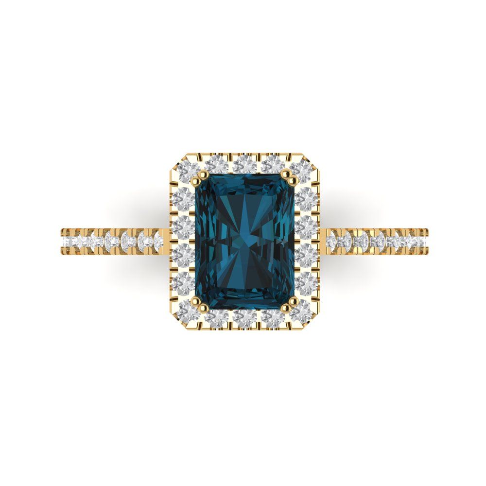 1.86 cttw Natural London Blue Topaz Solitaire with Zirconia Simulated Diamond Accents Engagement Ring - Solid Gold (Emerald Cut,7.5x5.5mm)