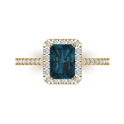 1.86 cttw Natural London Blue Topaz Solitaire with Zirconia Simulated Diamond Accents Engagement Ring - Solid Gold (Emerald Cut,7.5x5.5mm)