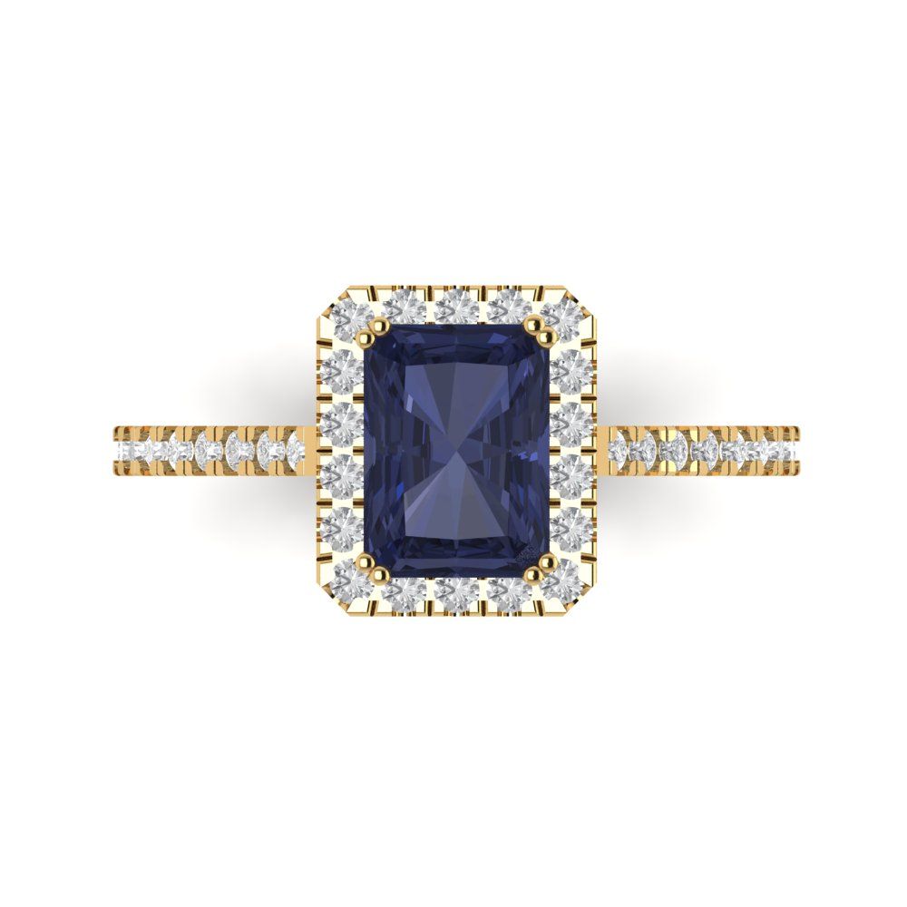 1.86 cttw Simulated Blue Sapphire Solitaire with Zirconia Simulated Diamond Accents Engagement Ring - Solid Gold (Emerald Cut,7.5x5.5mm)