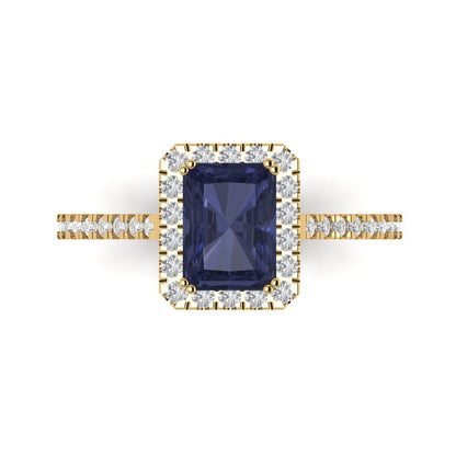 1.86 cttw Simulated Blue Sapphire Solitaire with Zirconia Simulated Diamond Accents Engagement Ring - Solid Gold (Emerald Cut,7.5x5.5mm)