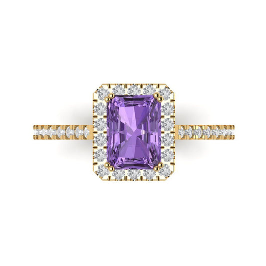 1.86 cttw Simulated Alexandrite Solitaire with Zirconia Simulated Diamond Accents Engagement Ring - Solid Yellow Gold (VVS1, Emerald Cut,7.5x5.5mm)