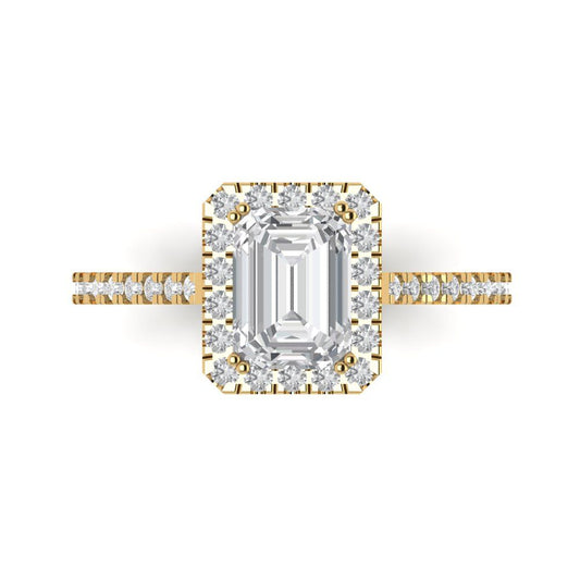 1.86 cttw Moissanite Solitaire with Zirconia Simulated Diamond Accents Engagement Ring - Solid Yellow Gold (VVS1, Emerald Cut,7.5x5.5mm)
