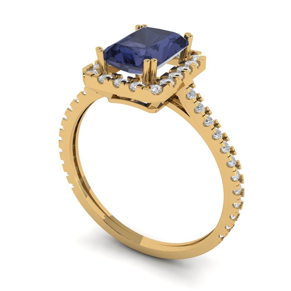 1.86 cttw Simulated Blue Sapphire Solitaire with Zirconia Simulated Diamond Accents Engagement Ring - Solid Gold (Emerald Cut,7.5x5.5mm)