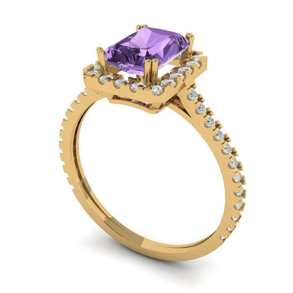 1.86 cttw Simulated Alexandrite Solitaire with Zirconia Simulated Diamond Accents Engagement Ring - Solid Gold (Emerald Cut,7.5x5.5mm)