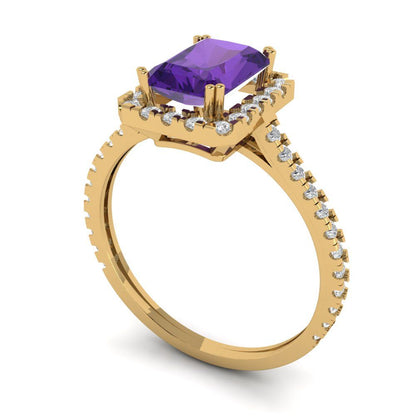 1.86 cttw Natural Amethyst Solitaire with Zirconia Simulated Diamond Accents Engagement Ring - Solid Gold (Emerald Cut,7.5x5.5mm)