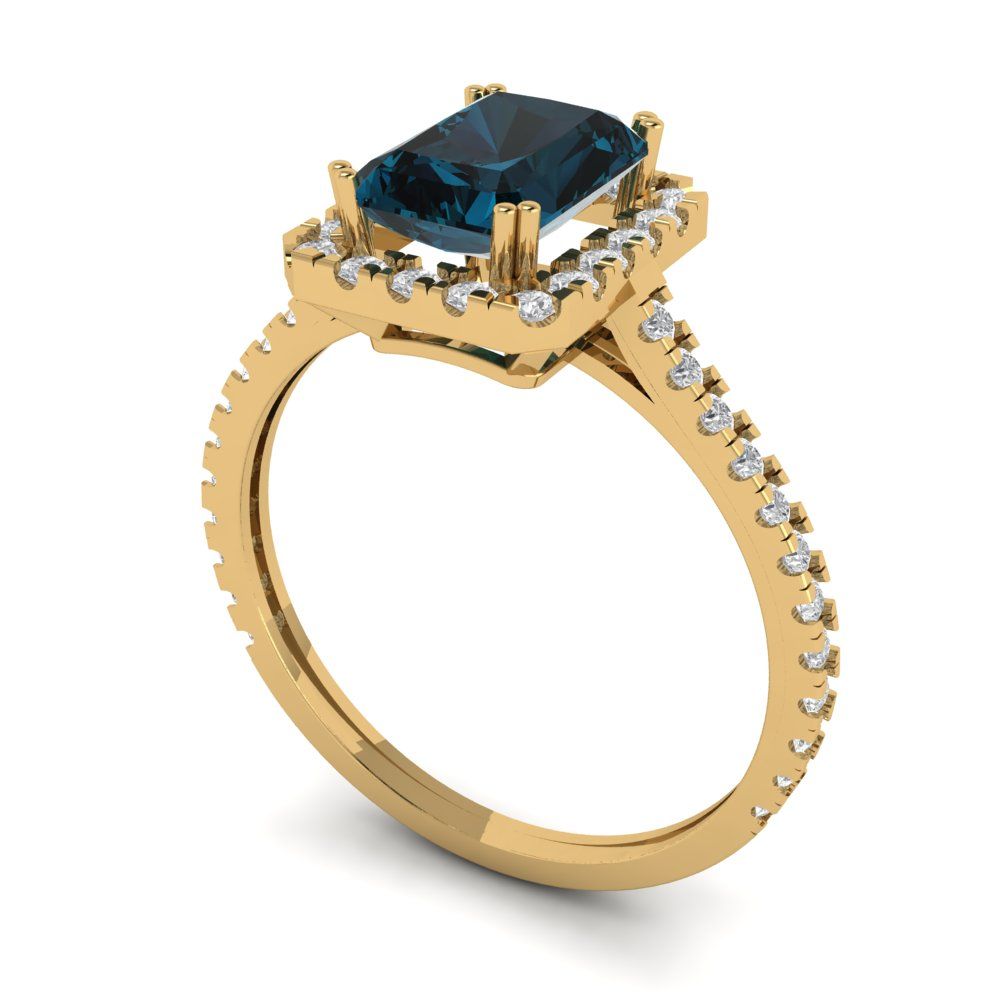 1.86 cttw Natural London Blue Topaz Solitaire with Zirconia Simulated Diamond Accents Engagement Ring - Solid Gold (Emerald Cut,7.5x5.5mm)