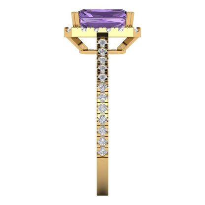 1.86 cttw Simulated Alexandrite Solitaire with Zirconia Simulated Diamond Accents Engagement Ring - Solid Gold (Emerald Cut,7.5x5.5mm)