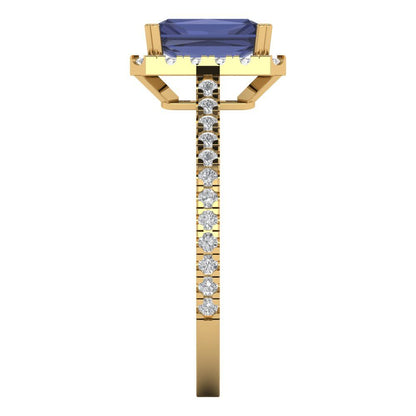 1.86 cttw Simulated Blue Sapphire Solitaire with Zirconia Simulated Diamond Accents Engagement Ring - Solid Gold (Emerald Cut,7.5x5.5mm)