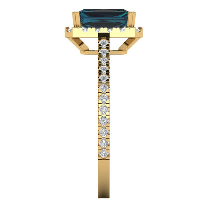 1.86 cttw Natural London Blue Topaz Solitaire with Zirconia Simulated Diamond Accents Engagement Ring - Solid Gold (Emerald Cut,7.5x5.5mm)