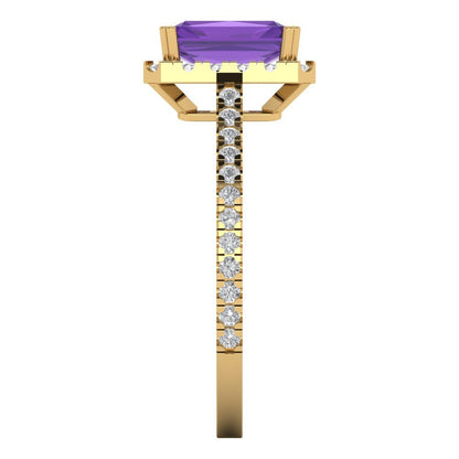 1.86 cttw Natural Amethyst Solitaire with Zirconia Simulated Diamond Accents Engagement Ring - Solid Gold (Emerald Cut,7.5x5.5mm)