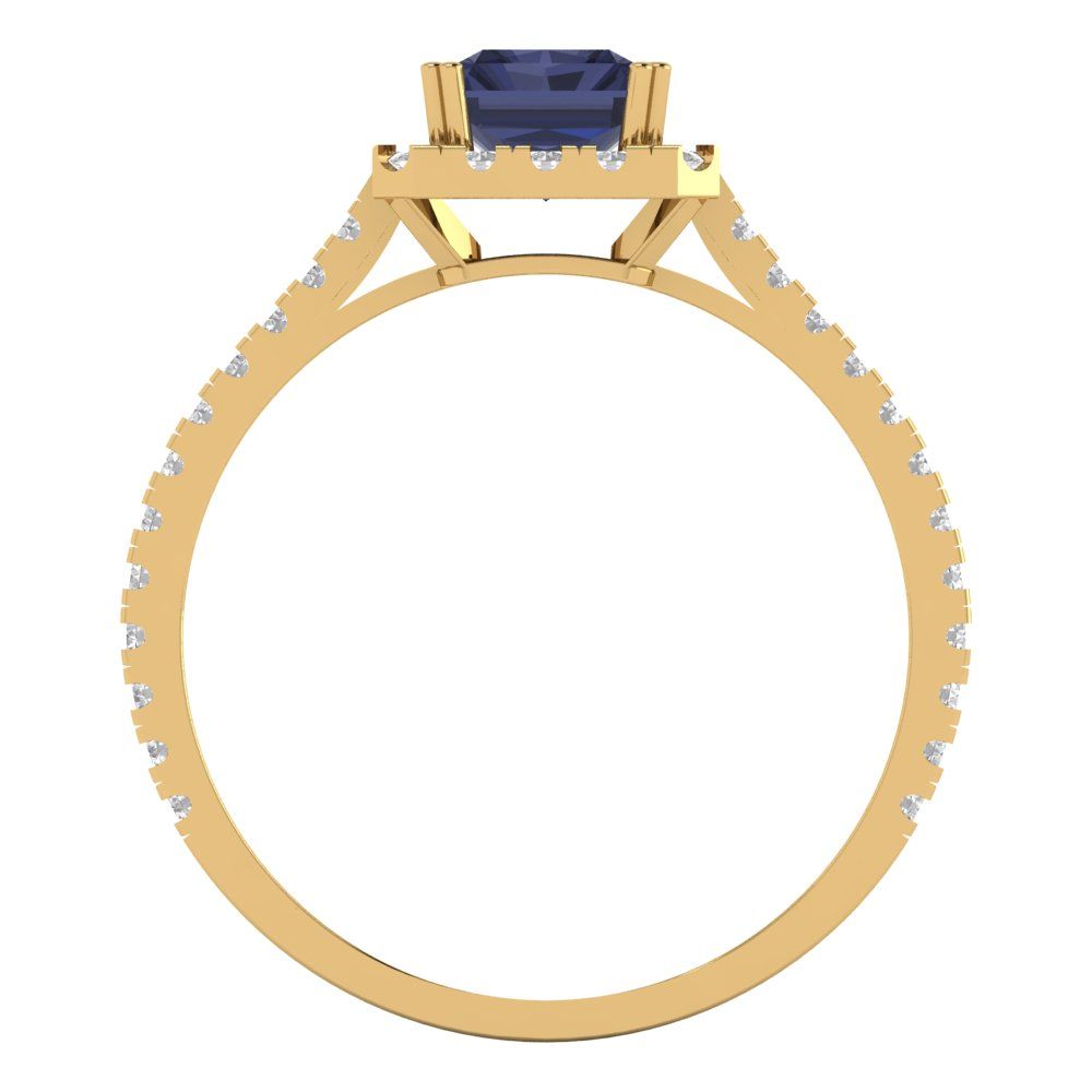 1.86 cttw Simulated Blue Sapphire Solitaire with Zirconia Simulated Diamond Accents Engagement Ring - Solid Gold (Emerald Cut,7.5x5.5mm)