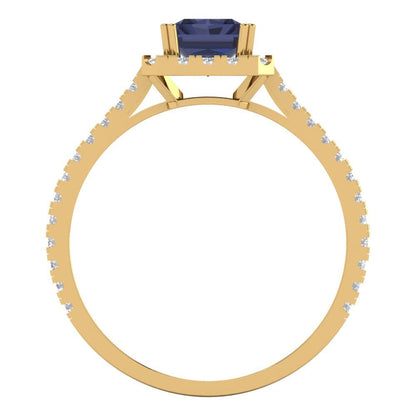 1.86 cttw Simulated Blue Sapphire Solitaire with Zirconia Simulated Diamond Accents Engagement Ring - Solid Gold (Emerald Cut,7.5x5.5mm)