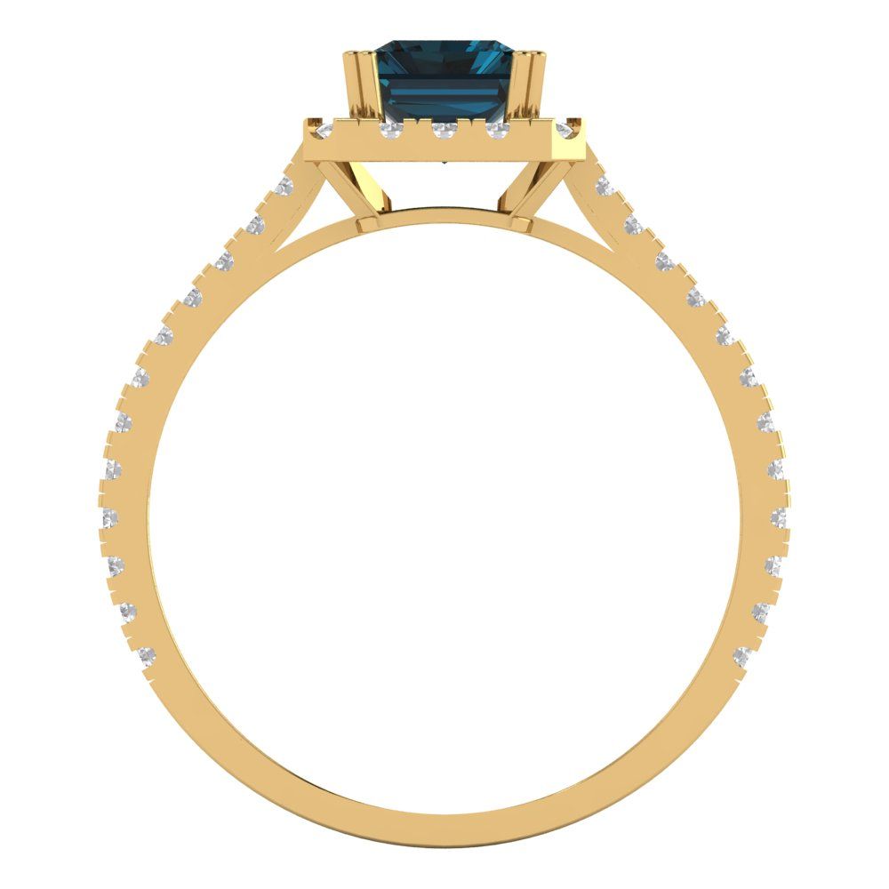 1.86 cttw Natural London Blue Topaz Solitaire with Zirconia Simulated Diamond Accents Engagement Ring - Solid Gold (Emerald Cut,7.5x5.5mm)