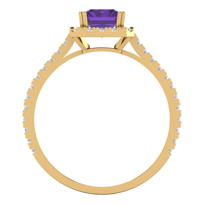 1.86 cttw Natural Amethyst Solitaire with Zirconia Simulated Diamond Accents Engagement Ring - Solid Gold (Emerald Cut,7.5x5.5mm)